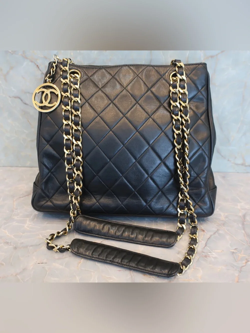 Authentic CHANEL quilted lambskin leather classic charm CC mini tote